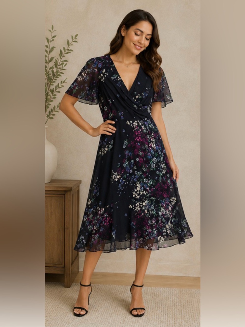 DKNY Size 4 Floral Chiffon Midi Dress Wrap V Neck Flutter Sleeve Ruffle Hem